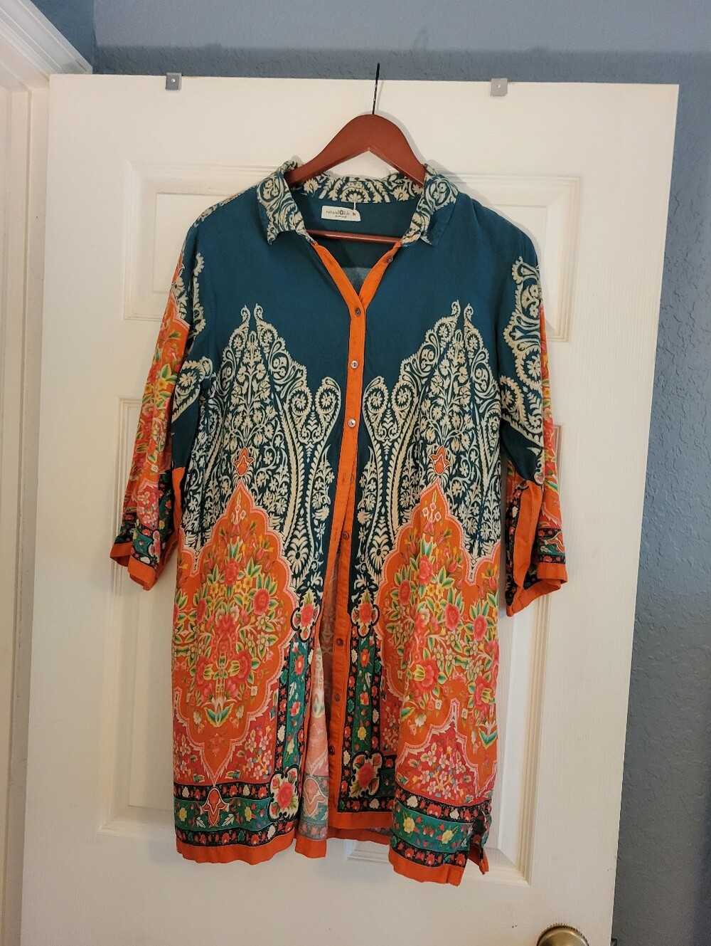 Natural Life Green, Orange, Cream Floral Print Button Front Shirt dress Size M